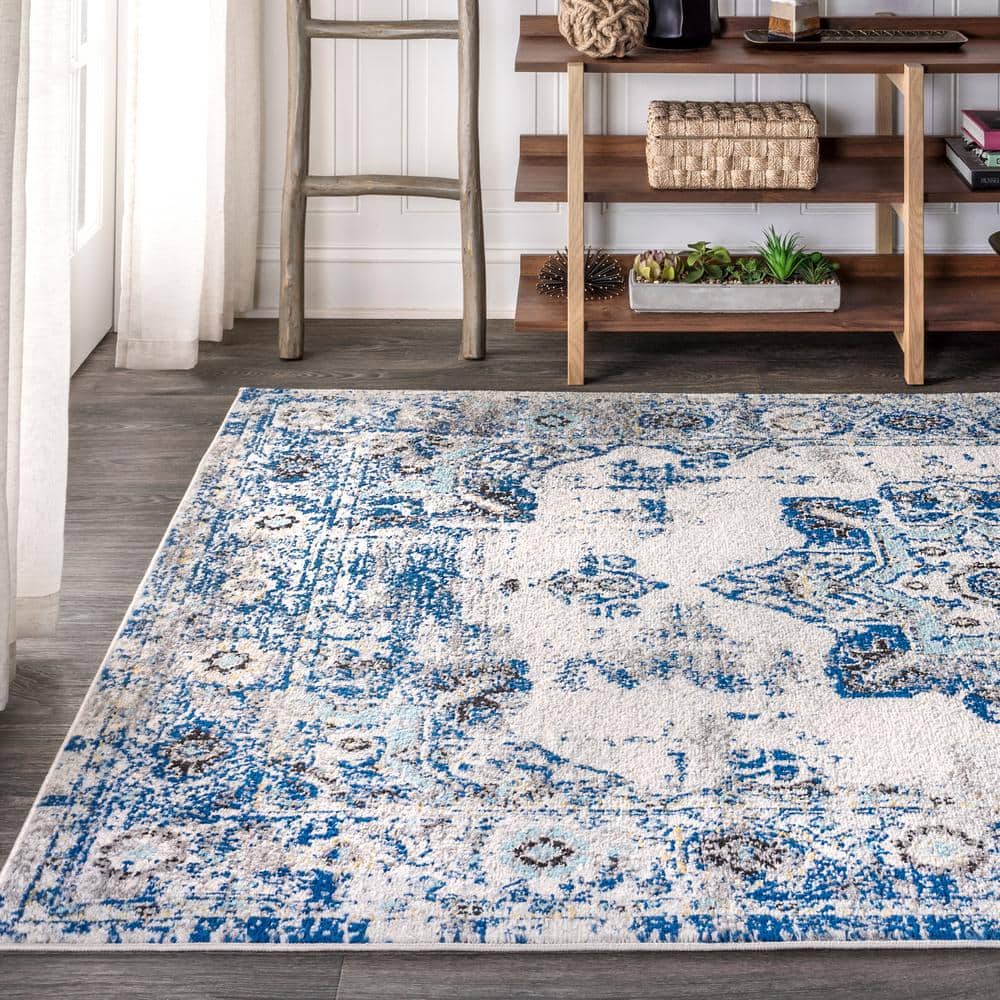 Ivory and Blue Persian Boho Vintage Medallion Area Rug