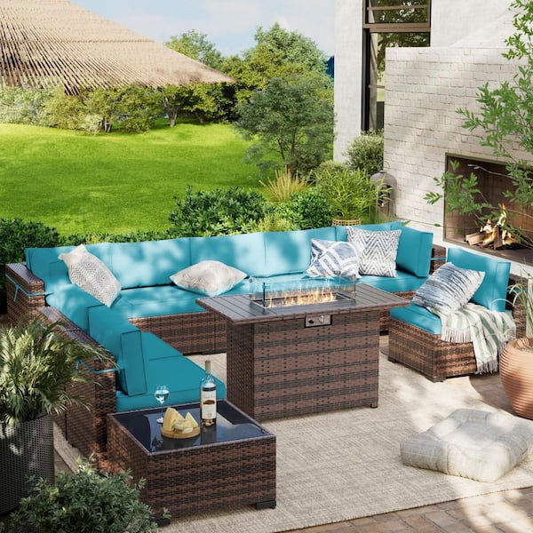 10-Piece Wicker Patio Conversation Sectional Seating Set With Sky Blue Cushions With Fire Pit Table