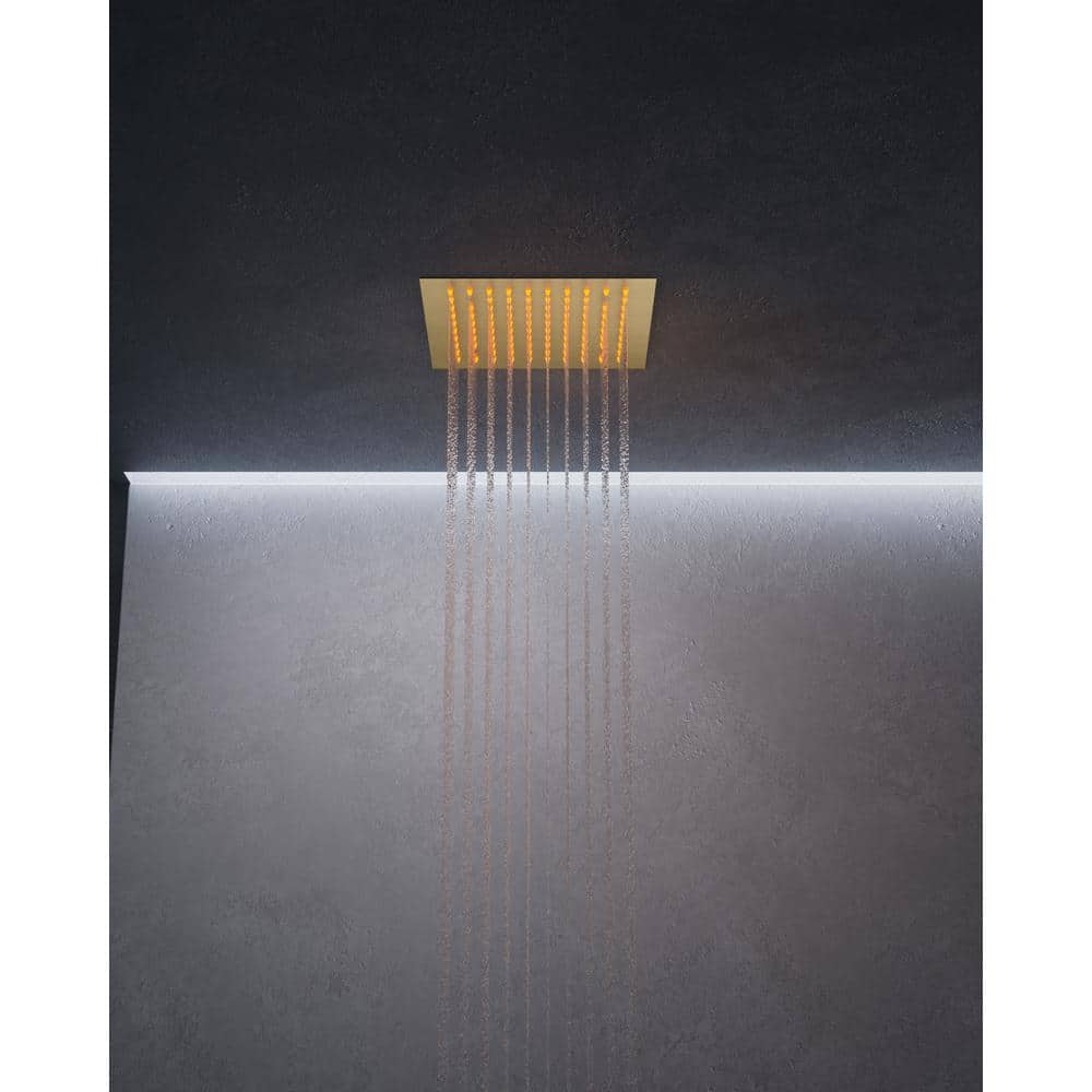 Brushed Gold LED Thermostatic Shower System with 12" Rainfall Head and Body Jets