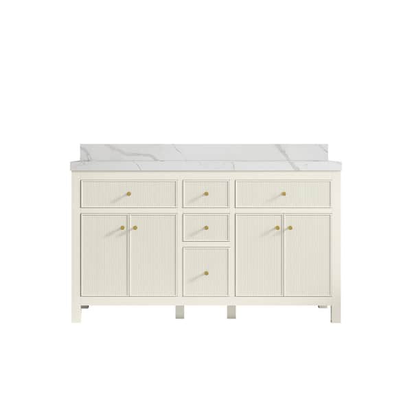 Willow Collections Sonoma 60 in. Double Sink Freestanding Alabaster Bath Vanity with Calacatta Laza Quartz Top Unassembled