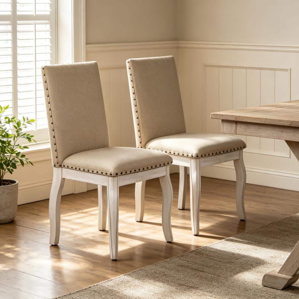 Set of 2 Antique White Wood Upholstered Dining Chairs price history on PriceWatchPro