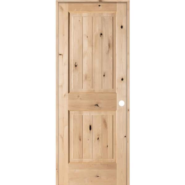 Krosswood Doors 30 in. x 80 in. Knotty Alder 2 Panel Square Top V-Groove Solid Wood Left-Hand Single Prehung Interior Door