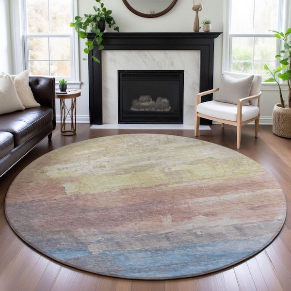 Mayfield Premium Machine Washable Abstract AMF1473 Beige 8 ft. x 8 ft. Round Rug