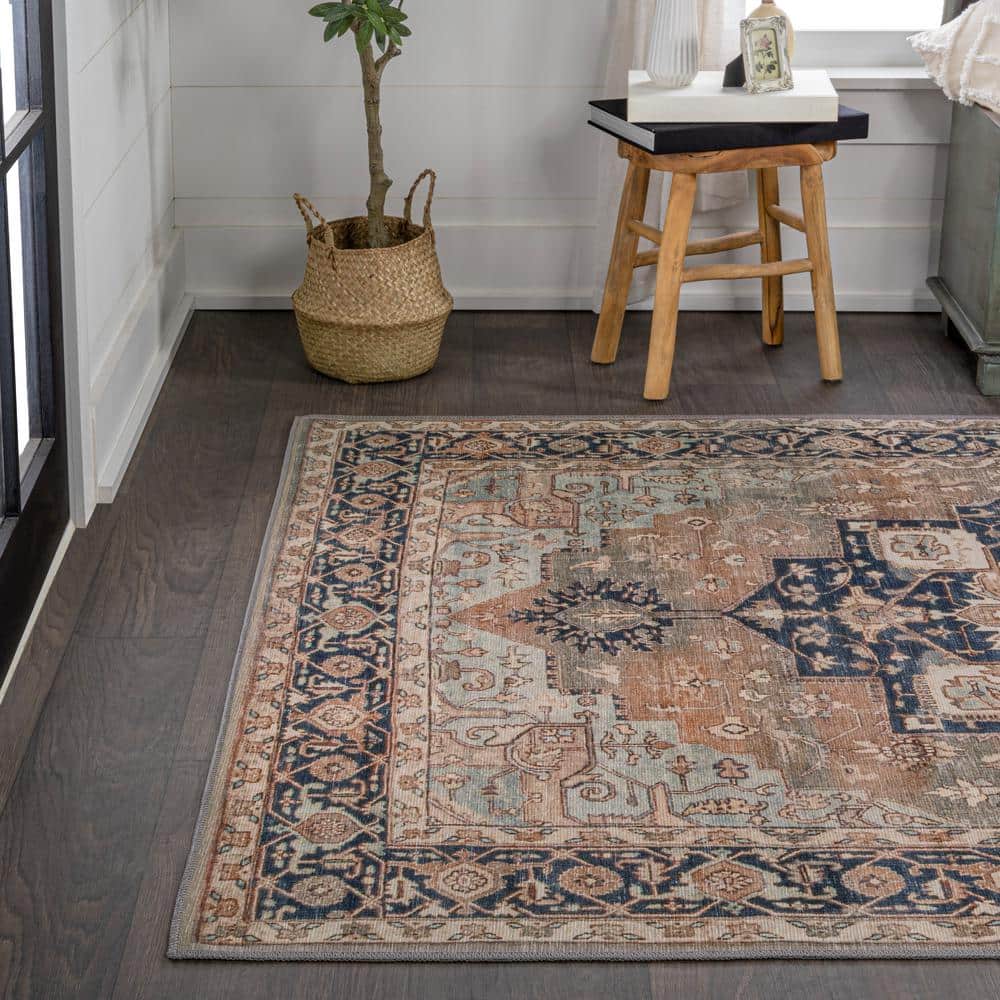 Maris Ornate Medallion Machine-Washable Beige and Blue Chenille 4' x 6' Area Rug