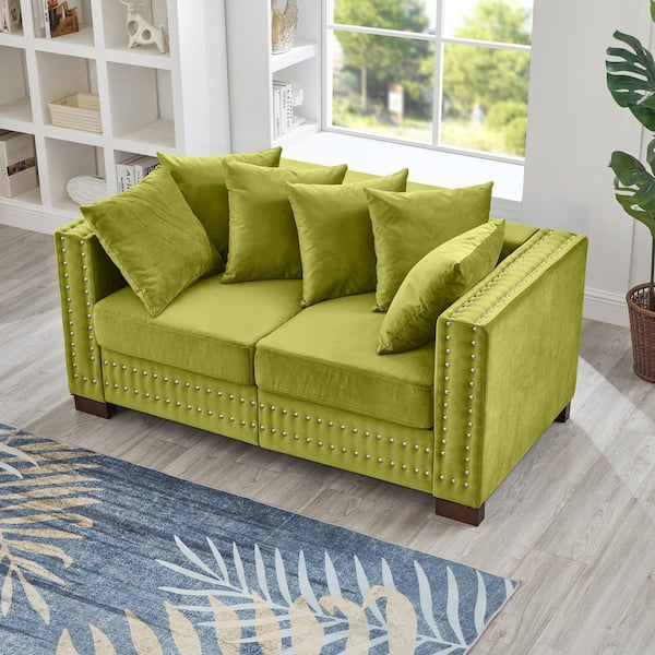 60.5 in Square Arm Velvet Rectangle Sofa in Green with Nailhead Trim Decoration, Storage Seats