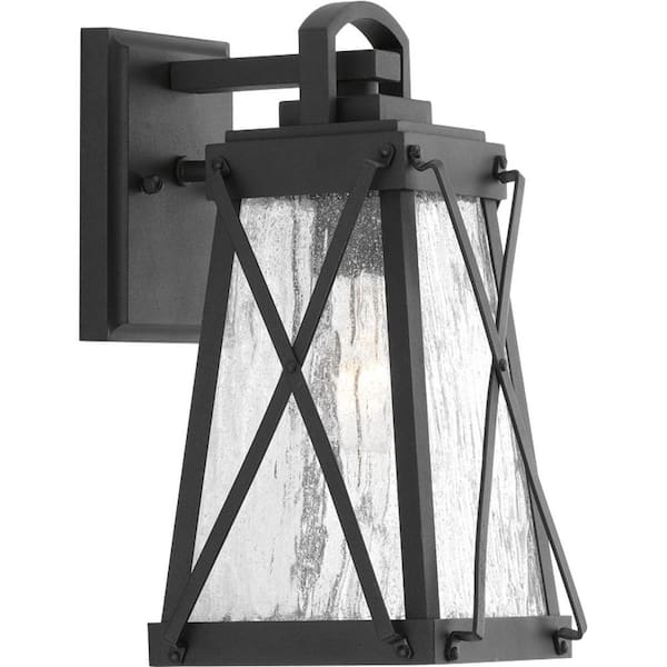 Progress Lighting Creighton Collection 1-Light Textured Black Clear Water Glass Farmhouse Outdoor Small Wall Lantern Light