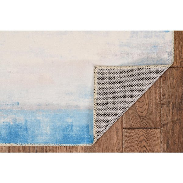 Washable Watercolor Ivory/Blue 5 ft. x 7 ft. Area Rug