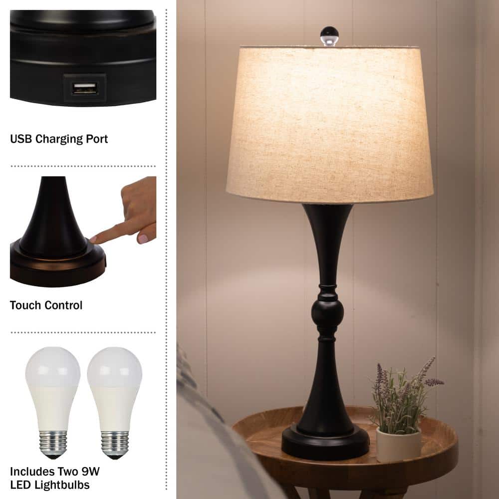 Black Metal Table Lamps with Linen Shades and USB Ports, Set of 2