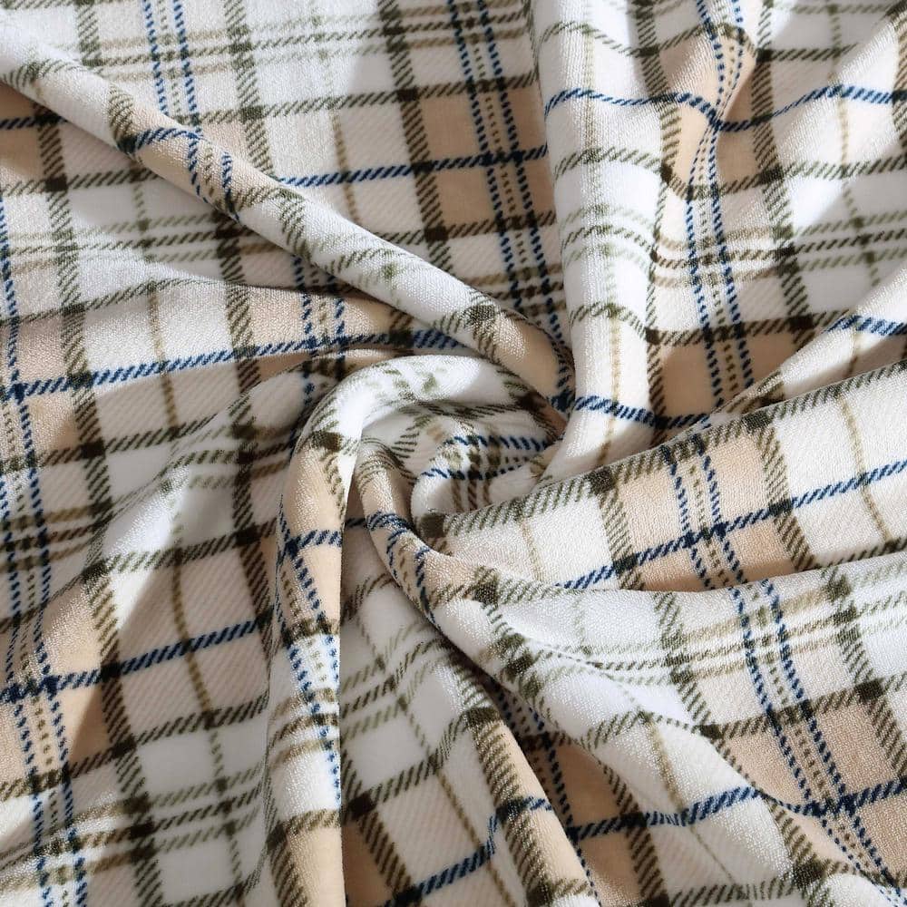 Beige and Green Plaid Fleece Reversible Throw Blanket