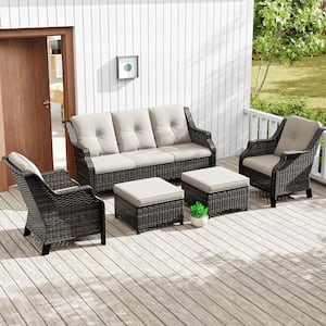 5-Piece Wicker Outdoor Patio Conversation Set Sectional Couch and Ottomans with Beige Cushions