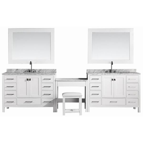 Design Element Two London 48 in. W x 22 in. D Vanity in White with Marble Vanity Top in Carrara White, Mirror and Makeup Table