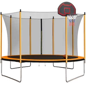 10 ft. Trampoline with Basketball Hoop Inflator and Ladder Inner Safety Enclosure Orange