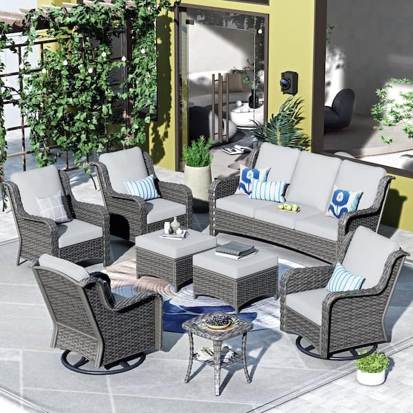 HOOOWOOO Oreille Grey 8-Piece Wicker Outdoor Patio Conversation Sofa Set with Swivel Rocking Chairs and Light Grey Cushions