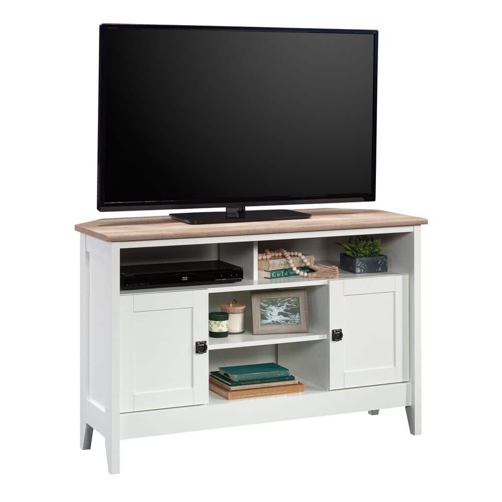 Soft White Corner TV Stand with Cabinet and Oak Top