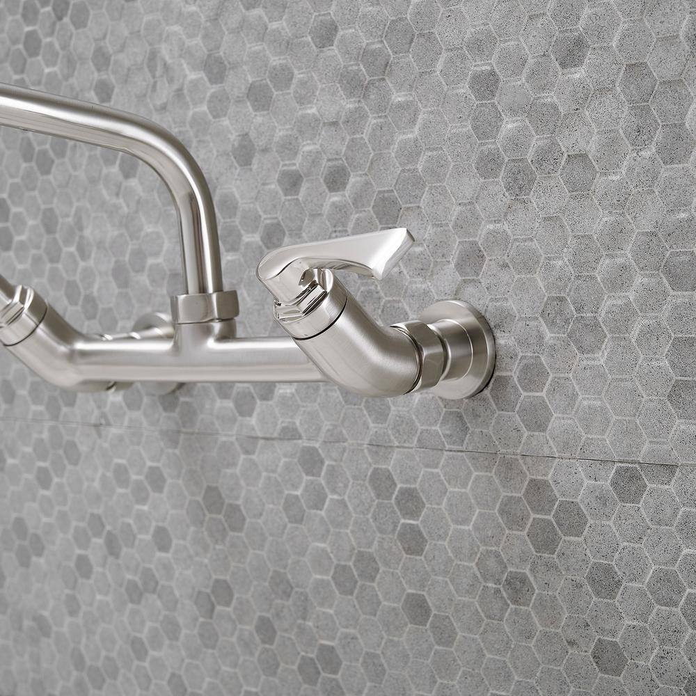 Brushed Nickel Wall Mount Double Handle Kitchen Faucet