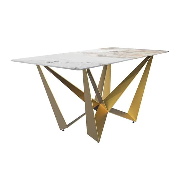 Leisuremod Nuvor Modern White Grey 62 in. Rectangular Sintered Stone Top and 4 Legs Gold Steel Dining Table Seats 8