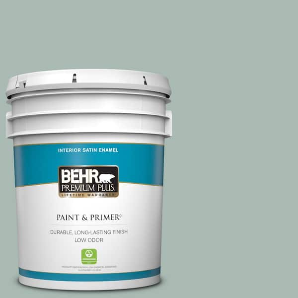 BEHR PREMIUM PLUS 5 gal. #BXC-85 Quiet Teal Satin Enamel Low Odor Interior Paint & Primer