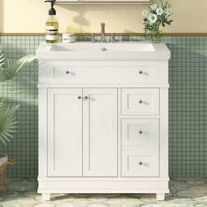 30 in. W x 18 in. D x 34.1 in. H Single Sink Freestanding Bath Vanity in White with White Resin Top and Storage Cabinet