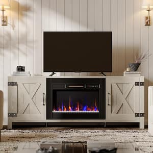 Farmhouse 63in Freestanding Electric Fireplace TV Stand Fits TVs up to 70 in. with Storage Cabinet in White Wash