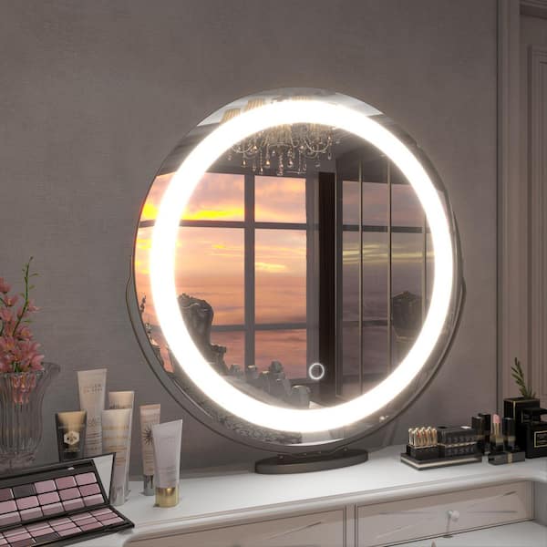 19 in. W x 19 in. H Round Framed Tabletop 3-Color-LED Touch Screen, Makeup Dimmable Lighted Mirror in Black