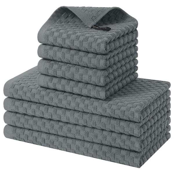 Dark Grey Pineapple Grid 100% Cotton Kitchen Towels and Dishcloths Set of 8, 12 x 12 and 15 x 25 in with Hanging Loops