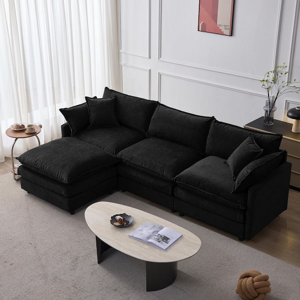 105 in. 4-piece Chenille Upholstered L-Shaped Modular Sectional Sofa in Black with Ottoman, 2 Toss Pillows