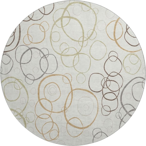 Mayfield Premium Machine Washable Abstract AMF2408 Ivory 8 ft. x 8 ft. Round Rug