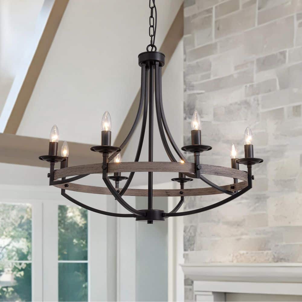 31 in. 8-Light Black and Walnut Farmhouse Candle Style Dimmable Wagon Wheel Chandelier for Dining Room and Living Room price history on PriceWatchPro