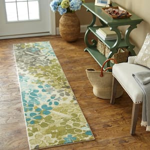 Radiance Aqua 2 ft. x 8 ft. Machine Washable Floral Runner Rug