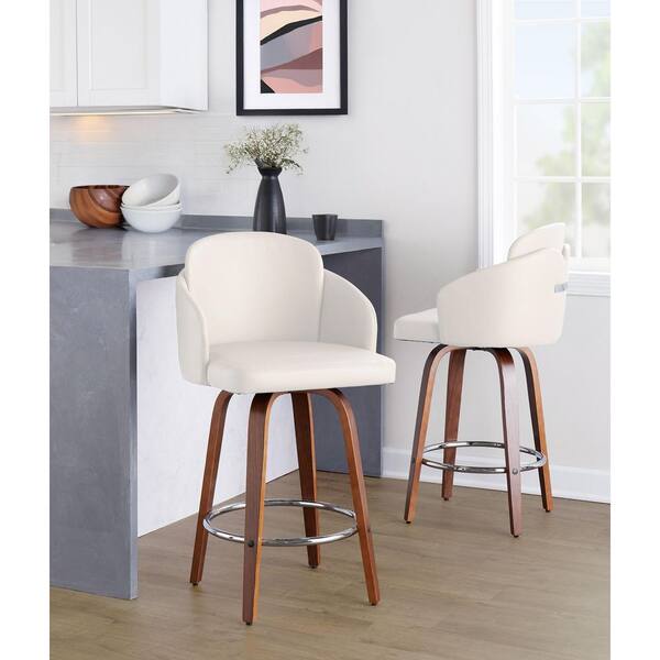 Dahlia 26 in. Walnut Wood and Cream Faux Leather Fixed-Height Counter Stool with Round Footrest (Set of 2)