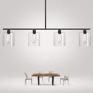 4-Light Matte Black Modern Island Pendant Light Fixtures, Linear Chandelier Hanging Light with Clear Glass Shade