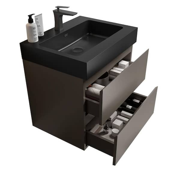 24 in. W x 18.10 in. D x 25.2 in. H Single Sink Floating Bath Vanity in Gray with Black Ceramic Top and 2-Drawers