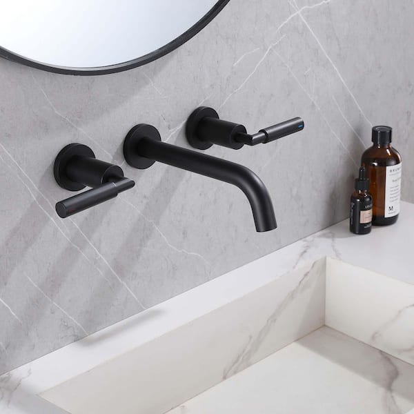 Tomfaucet Double Handle Wall Mounted Bathroom Sink Faucet With Pop-up Drain Assembly in Matte Black