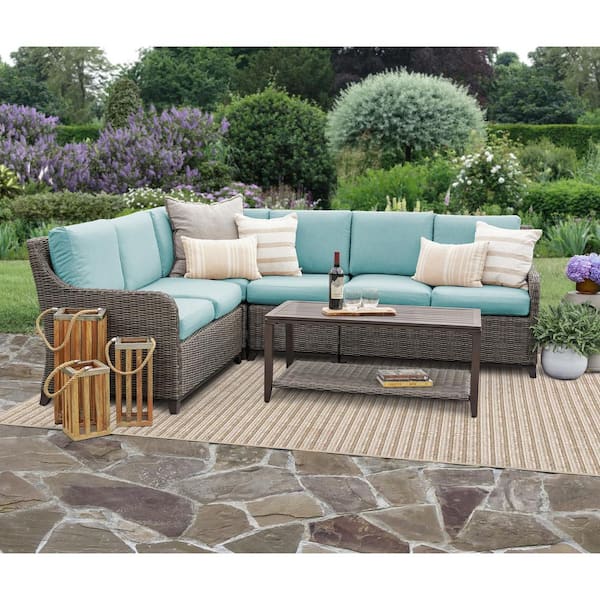 Leisure Made Mitchell 5-Pieces Wicker Outdoor Sectional Set with Spa Blue Cushions