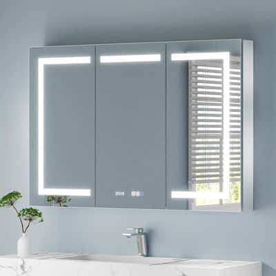48 in. W x 32 in. H Rectangular Silver Aluminum Recessed/Surface Mount Medicine Cabinet with Mirror LED and Clock