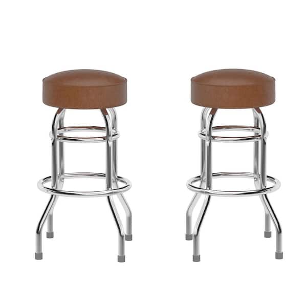 Carnegy Avenue Bruno 2-Pack 30.25 in. Metal Double Ring Chrome Barstool with Weathered Brown Seat