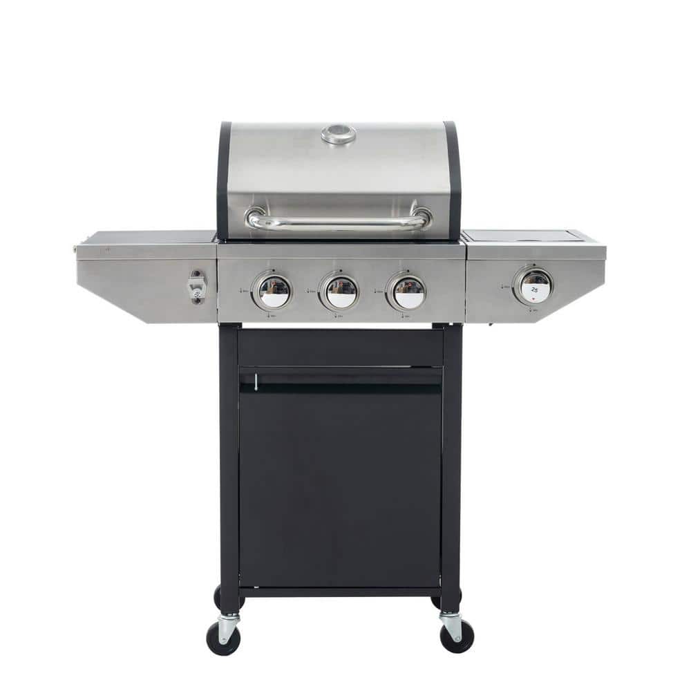 3-Burner Stainless Steel Portable Propane Gas Grill Barbecue Grill in Black with Side Burner and Thermometer