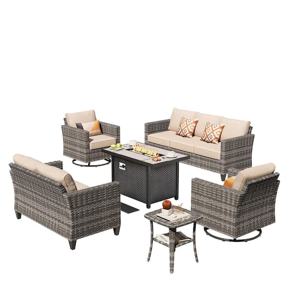 Jupiter 6-Piece Wicker Outdoor Patio Fire Pit Seating Sofa Set and with Beige Cushions and Swivel Rocking