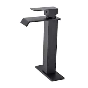Single Handle Waterfall Bathroom Vessel Sink Faucet with Deck Plate Stainless Steel High Tall Faucets in Matte Black