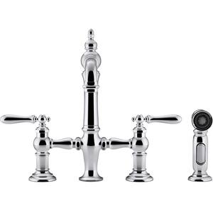 Artifacts 2-Handle Bridge Kitchen Faucet with Lever Handles and Side Spray in Vibrant Polished Nickel