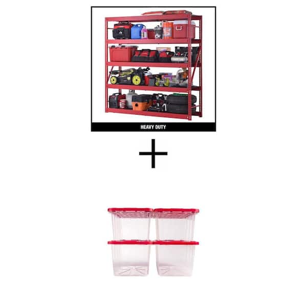 5-Shelf Metal Garage Shelving Unit (90 in.x90 in.x24 in.) and 27 Gal. Clear Storage Tote with Red Lid Combo (4-Pack)