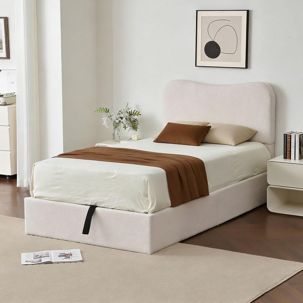 White Plywood Frame Twin Size Upholstered Platform Bed with Lift-Up Storage Supported by Metal and Wooden Slats