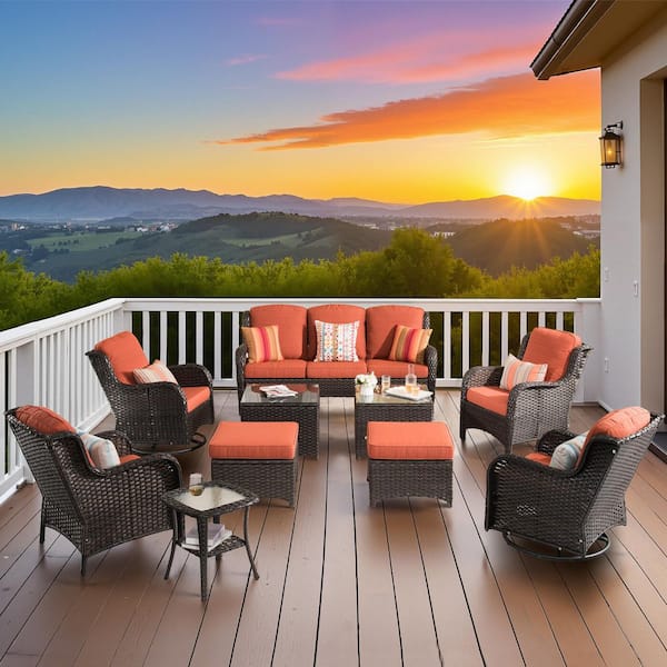 OVIOS New Kenard Brown 10-Piece Wicker Patio Conversation Set with Orange Red Cushions and Swivel Rocking Chairs