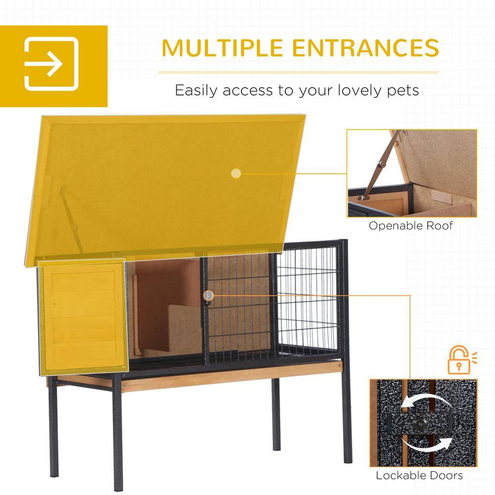 Natural Wood Elevated Rabbit Hutch with Metal Frame and Asphalt Roof
