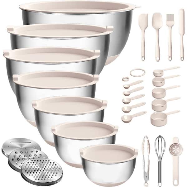 7-Piece Stainless Steel Mixing Bowl Set with Airtight Lids, Grater Attachments, Non-Slip Base, Silver