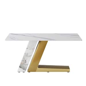63 in. White Sintered Stone Tabletop with Gold Pedestal Legs Dining Table (Seats 6)