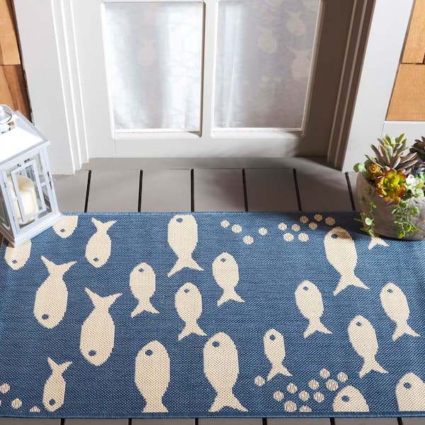 Courtyard Blue/Beige 2 ft. x 4 ft. Novelty Fish Indoor/Outdoor Area Rug