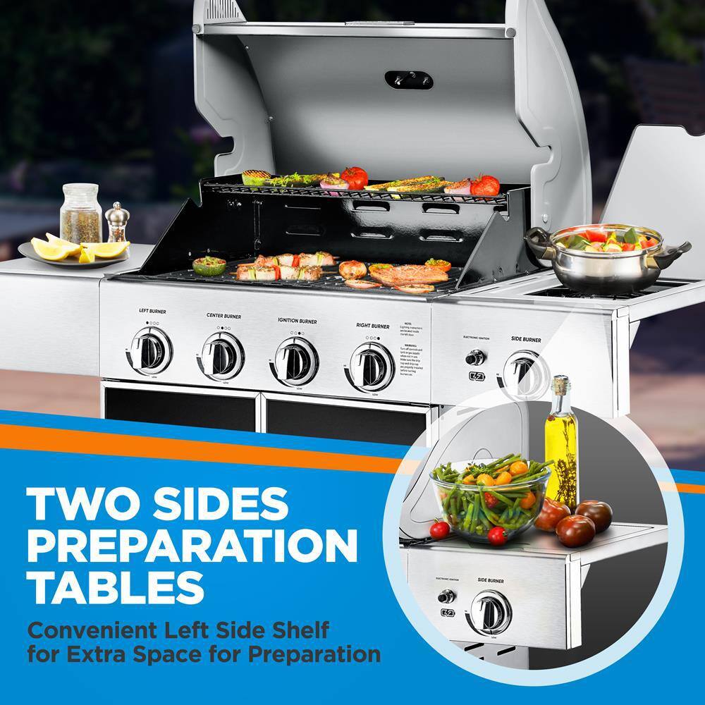NutriChef Stainless Steel 5-Burner Propane Gas Grill with Side Burner