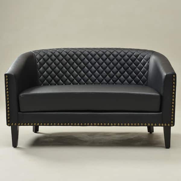 Black 50 in. Tufted Faux Leather 2-Seater Upholstered Small Loveseat with Nailed Trim