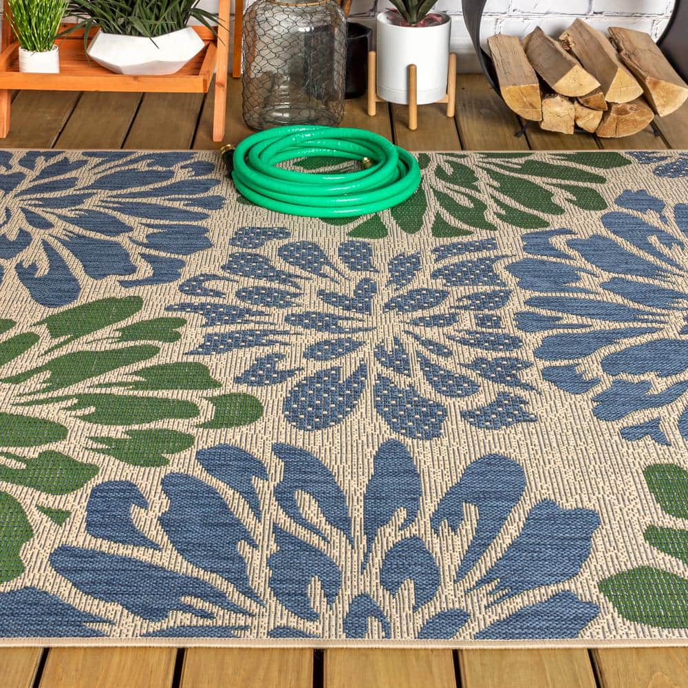 Zinnia Navy & Green Modern Floral Flatweave 3x5 Indoor/Outdoor Rug